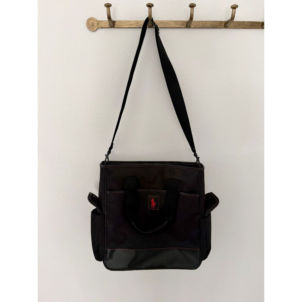Polo Ralph Lauren Black Red Pony Tote Shoulder Bag Detachable Strap Pockets